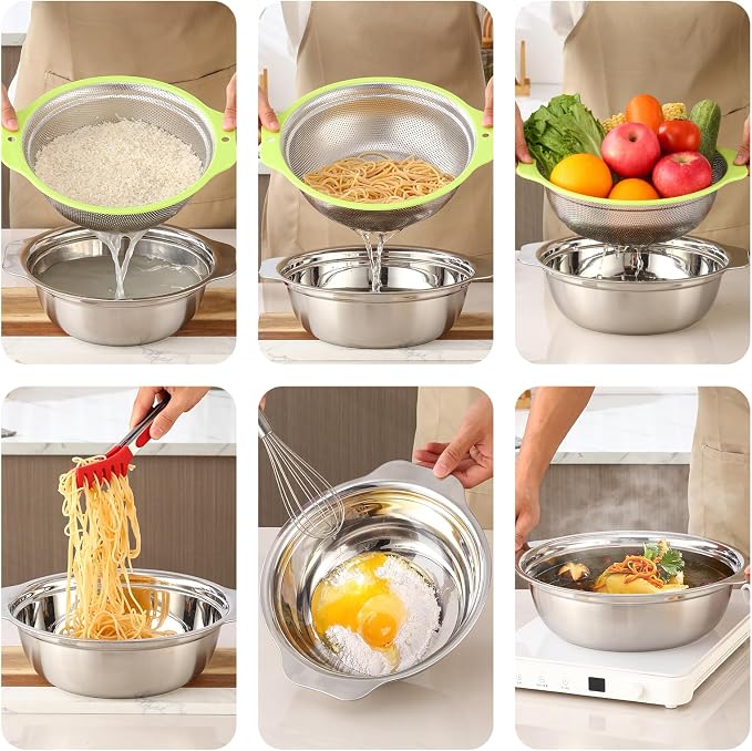 Colander Stainless Steel Microporous, 5QT Large Capacity Rice Washer with Mixing Bowl, 12.5’’Rice Strainer Bowl Set with Handle, Food-Grade Strainers and Colanders for Washing Rice, Pasta