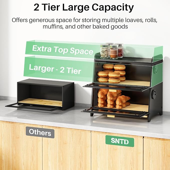SNTD 2 Tier Bread Box for Kitchen Countertop, Adjustable Ventilation, Black | Bamboo Cutting Board, Airtight Design, See-Through Magnetic Door, Bread Storage Container for Homemade Bread, Multi-purpose