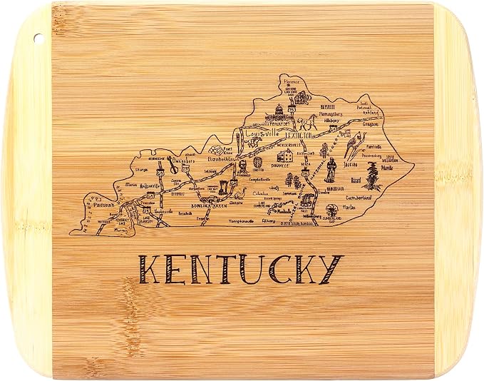 Totally Bamboo A Slice of Life Kentucky Engraved Map Cutting Board | 11” x 8.75” charcuterie board with engraved state map artwork. Smooth reverse side for food prep. Hang tie for wall display.