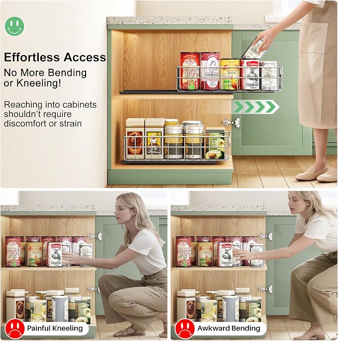 Pull out Cabinet Organizer, Stainless Steel 4-Pack (9.8"W x 16.5"D) Full-Extension Slide out Drawer, Adhesive Roll out Can Spice Storage Basket Shelf Rack for Pantry, Kitchen, Bathroom, Home Closet