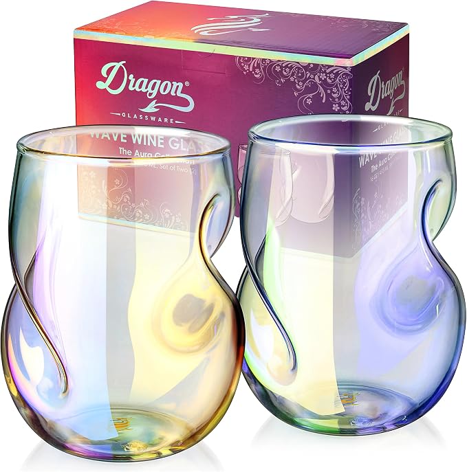 Dragon Glassware Stemless Wine Glasses, 16 oz Set of 2 - Iridescent | Short Wine Glasses Set of 2 with Finger Indentations; Aerates Naturally; Standard Width Design; Unique Drinkware