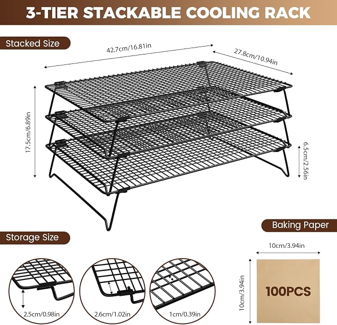 Cooling Racks for Cooking and Baking, 3-Tier Stackable 17x11 Inch | Cookie Cooling Rack for Baking, Wire Baking Rack for Cookies, Cakes and Bread, Tiered Design for Countertop Space Saving