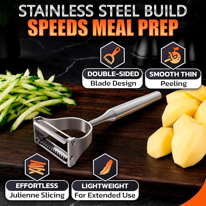 Stainless Steel Vegetable Peeler, 2-in-1 Peeler and Julienne Shredder Tool with Dual-Sided 420J2 Sharp Blade That Replaces Two Tools for Carrots, Cabbage, Potatoes, Cucumber, 5.6-Inch Ergonomic Handle