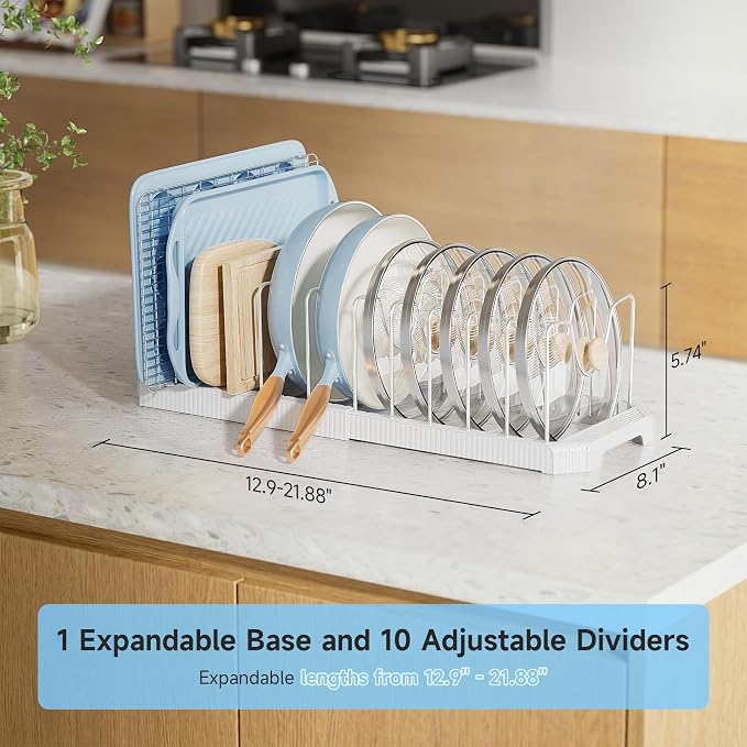 MUDEELA Pots and Pans Organizer under Cabinet, Pan Pot Organizer Inside Cabinet, Expandable 12.9''-21.88'' Pot Lid Organizer Holder with 12 Adjustable Dividers for Cutting Boards, Pan Lid Rack, White