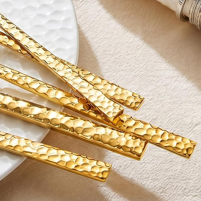 20 Piece Gold Silverware Set, 18/10 Stainless Steel Hammered Flatware for 4 | KINGSTONE Flatware set Includes Fork Spoon Knives, Cutlery Utensil Set for Party,Wedding, Mirror Polished Dishwasher Safe