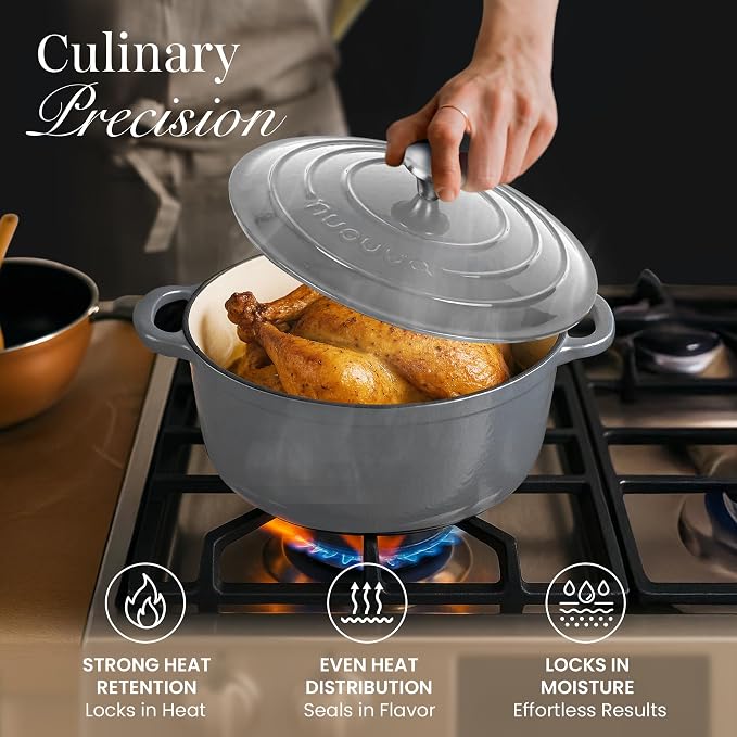 Cast Iron Pot with Lid-Non-Stick Ovenproof Enamelled Casserole Pot, Oven Safe up to 500° F-Sturdy Dutch Oven Cookware - Grey, 5-Quart, 24cm-by Nuovva