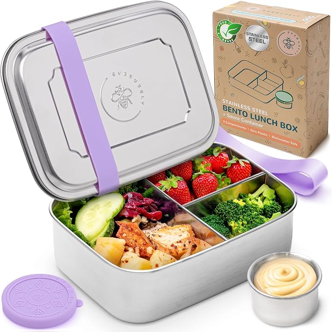 Stainless Steel Bento Box + Condiment Container - Lavender, 37oz / 1.1 L | Everusely metal lunch box, leakproof sauce container, 3 compartment snack organizer for travel, freezer & dishwasher safe