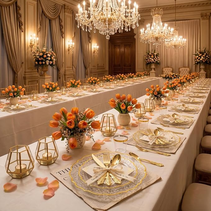 300PCS Gold Plastic Silverware, Vintage Disposable Utensils & Cutlery | 100 Fancy Forks, Spoons, Knives, Heavy Duty, BPA-Free, for Party, Weddings, Birthday & Holiday