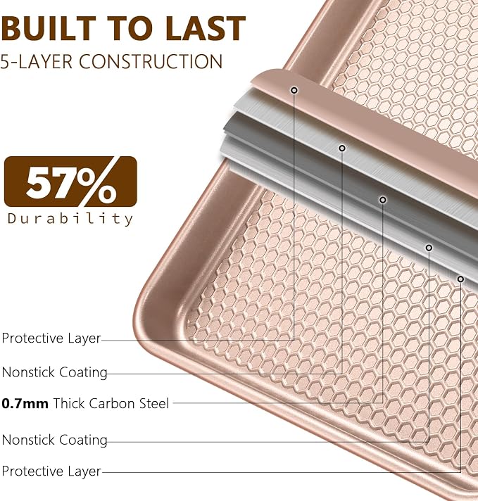Wildone Baking Sheet Pan Set of 2, Honeycomb Embossed Nonstick Cookie Sheet | Thicker Carbon Steel Half Sheet Pan Oven Tray 17.5x12 Inch, Heavy Duty & Easy Clean, Rose Gold