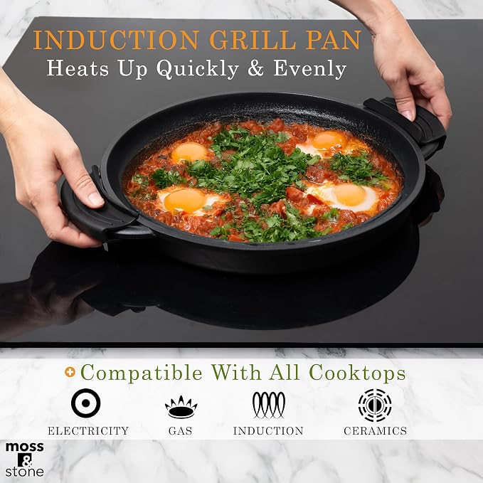 Moss & Stone 12" Grill Pan for Indoor Cooking, Nonstick Pan with Glass Lid | Aluminum Griddle Pan for Stove Top & Induction, Glass Lid, Silicone Handles, Dishwasher & Oven Safe, PFOA Free