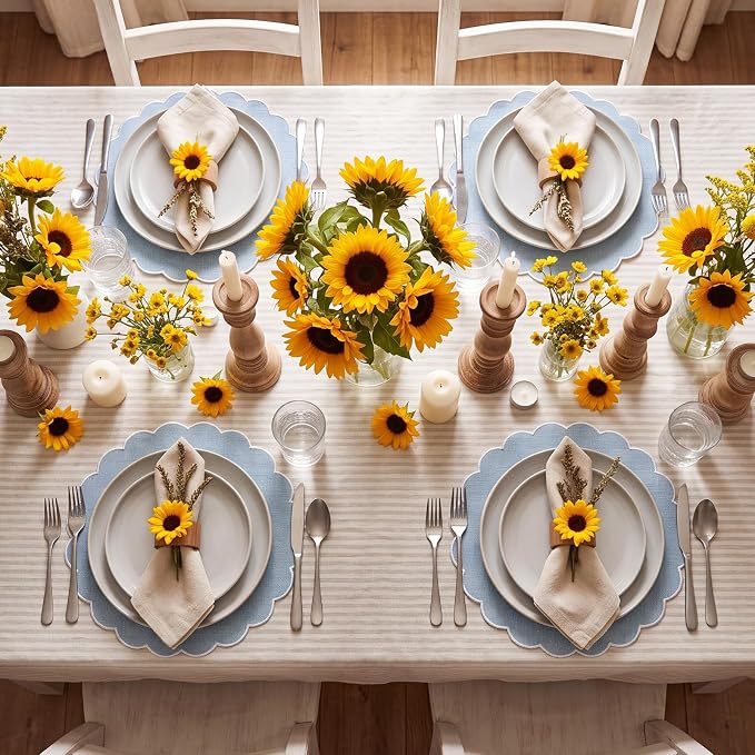 Set of 12 Gray Blue Cotton Placemats 15" Round Scalloped White | Double Layered Cotton Fabric, Washable Embroidery, White Edge Edge, Rustic Table Mats for Wedding Dining Table Decor
