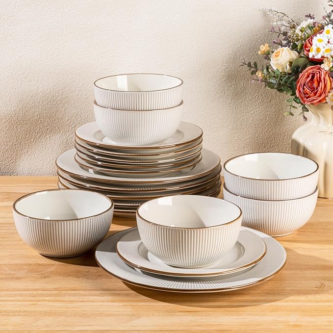 GBHOME Ceramic Dinnerware Sets of 8,24 pcs Plates and Bowls Sets Dishes | Embossed Elegant Stoneware Dishes Set | Dishwasher & Microwave Safe | Service for 4