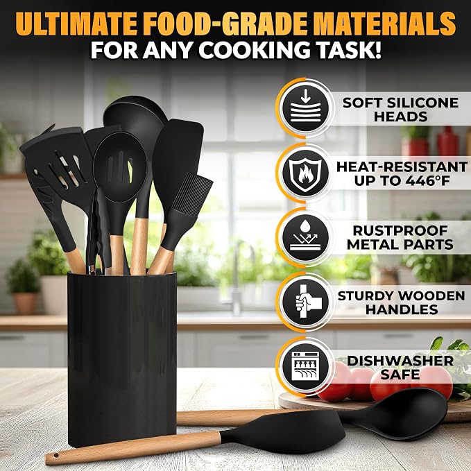 14 Pcs Black Kitchen Utensils Set with Holder for Nonstick Cookware | Silicone Cooking Utensils Set for BBQ; Heat-Resistant Tools with Wooden Handles for Baking, Serving, Frying, and Mixing