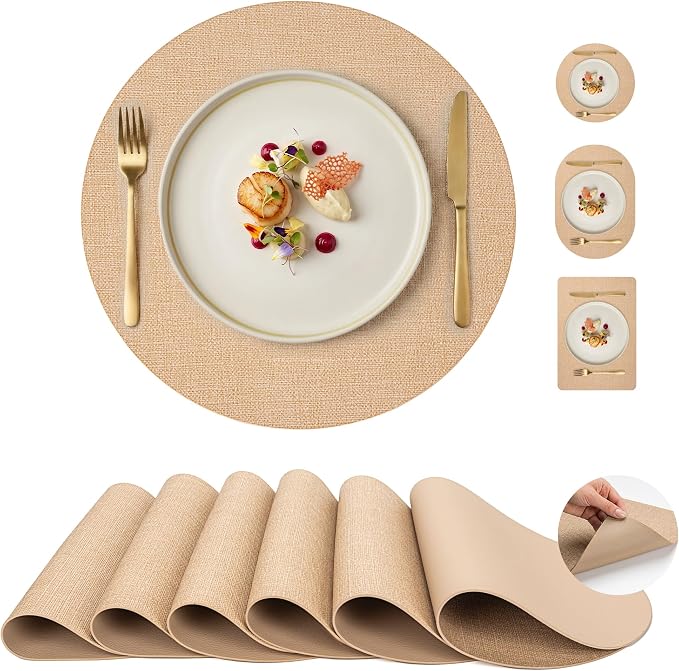 Faux Leather Placemats Set of 6, Wipeable Waterproof Stain Resistant Table Mats, Heat Resistant Thick Placemats with Hand-Painted Edges for Kitchen Dining, Imitative Linen Texture, Various Shapes