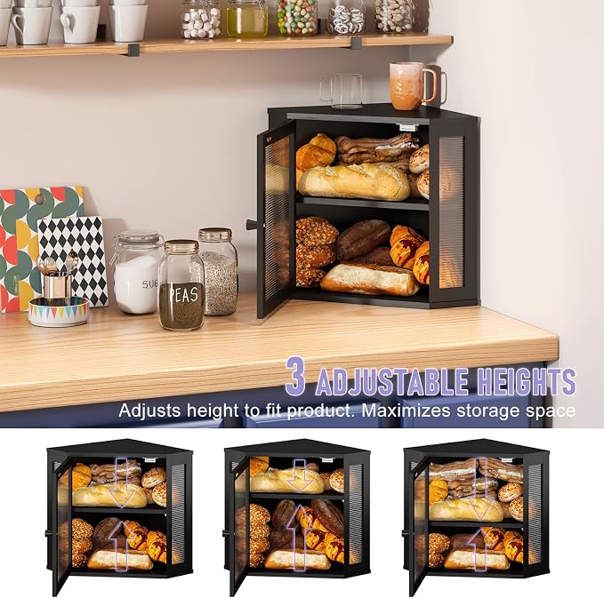 Corner Bread box for Kitchen Countertop,Farmhouse Acrylic Wavy Door Panel Food Storage Large White Bread box Container