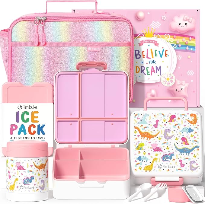 Fimibuke Kids Bento Snack Lunch Box with Thermo Insulated Toddler Lunch Bag | Lunch Box Kids with 4 Compartment, Food Jar, Ice Pack, Utensils, Birthday Gifts for Ages 3-12 Back to School Toddler Girl Boy