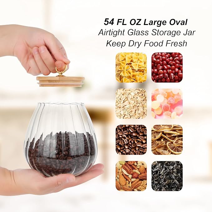 Glass Coffee Nuts Canister Airtight Jar with Bamboo Lid 54 FL OZ Large Oval | Sealed Kitchen Storage Jar, 700ml Petal Ribs Design Decorative Candy Coffee Container, Gold Metal Handle, Easy to Grasp