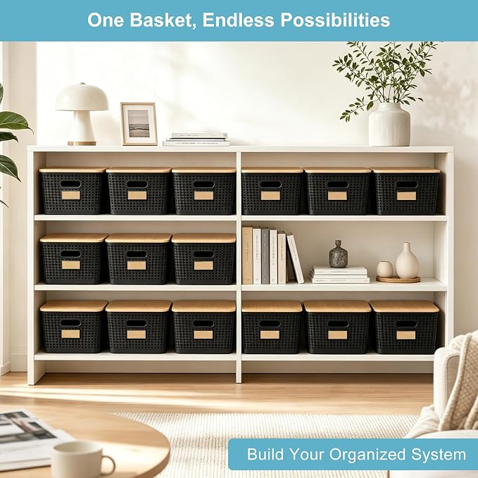 2 Pack Tall Plastic Storage Bins with Bamboo Lids, 10.8qt Stackable Storages Baskets for Organizing Desktop Closet Playroom Classroom Office, 12"L x 8.3"W x 6.1"H, Black