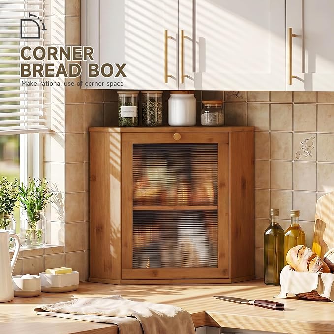 Bread Box for Kitchen Corner Countertop,Large Bread Basket (Brown, X-Large) | Double Layer Bamboo Bread Storage Container for Kitchen Countertop,Height Adjustable