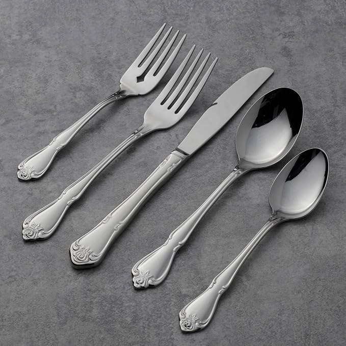Oneida True Rose Dinner Spoons Silverware Set for 4, Flatware | 18/0 stainless steel, mirror finish | dishwasher safe | great for soup or everyday dining, cutlery set