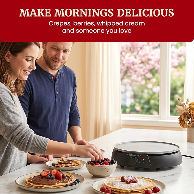 Elite Gourmet 12" Ceralast Ceramic Nonstick Crepe Maker & Griddle, Black | PFAS-free surface - adjustable temp control - dual indicator lights - batter spreader for crepes, pancakes & quesadillas