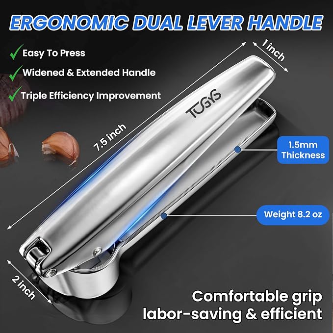 Heavy Duty Stainless Steel Garlic Press - Professional Grade Garlic Mincer & Crusher with Ergonomic Soft Grip Handle, Dishwasher Safe, Rust-Proof - Easy to Clean Kitchen Gadget for Cooking