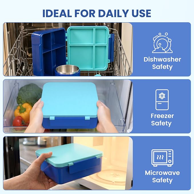 LOHASOK Bento Lunch Box for Kids with 8oz Soup Thermo,Blue | 4-Compartment, Leak-Proof Lunch Containers with Insulated Food Jar and Silicone Foldable Spoon Fork
