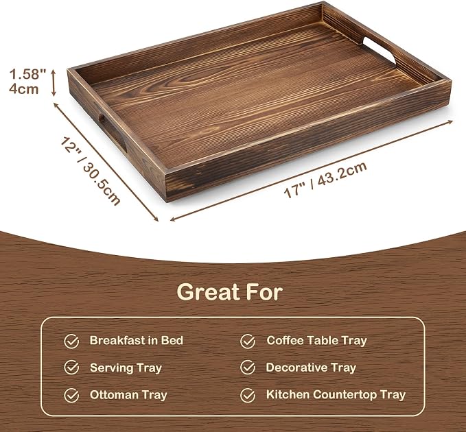17 Inch Burnt Wood Serving Tray with Handles - Large Wooden Tray for Ottoman, Breakfast in Bed, Dinner, Coffee Table - Decorative Brown Rectangular Tray for Living Room Entryway and Kitchen Decor