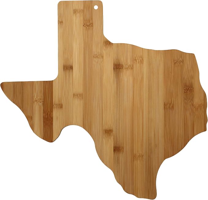 Totally Bamboo Texas State Shaped Bamboo Serving & Cutting Board | State charcuterie board with natural bamboo grain. Knife-friendly surface for food prep. Hang tie for wall display.