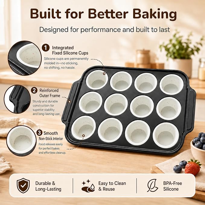 Silicone Muffin Pans for Baking, 12-Cup Muffin Tin with Metal Frame | Reinforced Metal Frame, 12-Cup Size, Easy Release Cups, Nonstick Silicone, Oven & Dishwasher Safe