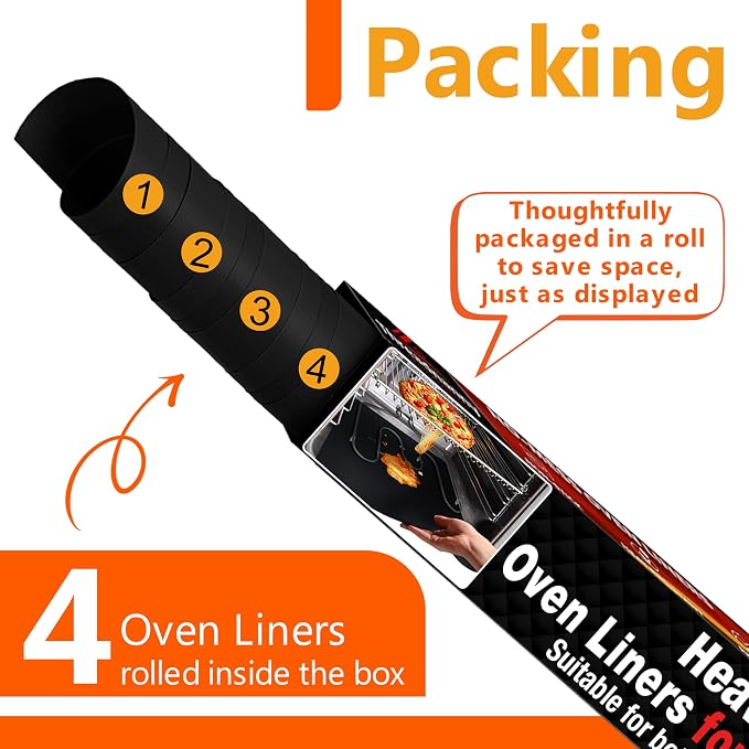 Oven Liners for Bottom of Oven - 17"x 25" Large Heavy Duty Non-Stick 4 Pack | Heat Resistant to 500°F, BPA & PFOA Free, Reusable, Fits Electric, Gas, Toaster, Microwave Ovens & Grills, Spill Guard, Black