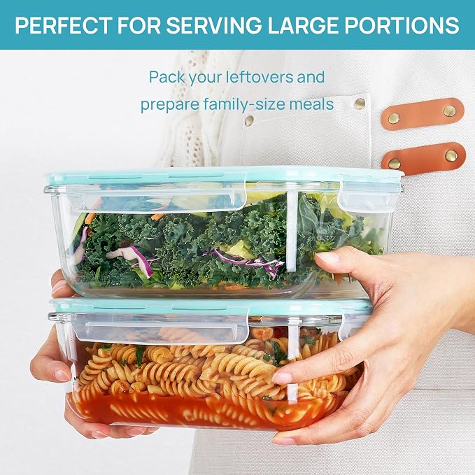 Vtopmart Large Glass Storage Containers, Green, 2Pack, 1860ml/63oz | Meal Prep Food Container Set with Snap Airtight Lid, For Baking, Microwave, Oven, Leak Proof, Freezer, Dishwasher, BPA Free