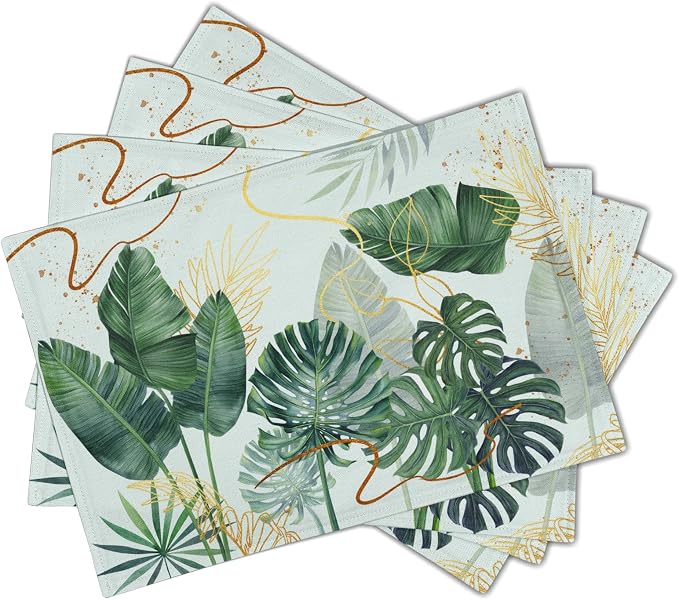 Palm Leaves Tropical Placemats Set of 4,12x18 Inch Boho Green Leaf Botanical Decor Seasonal Tablemat Non-Slip Washable Tabletop Mat for Indoor Outdoor Kitchen Dining Table
