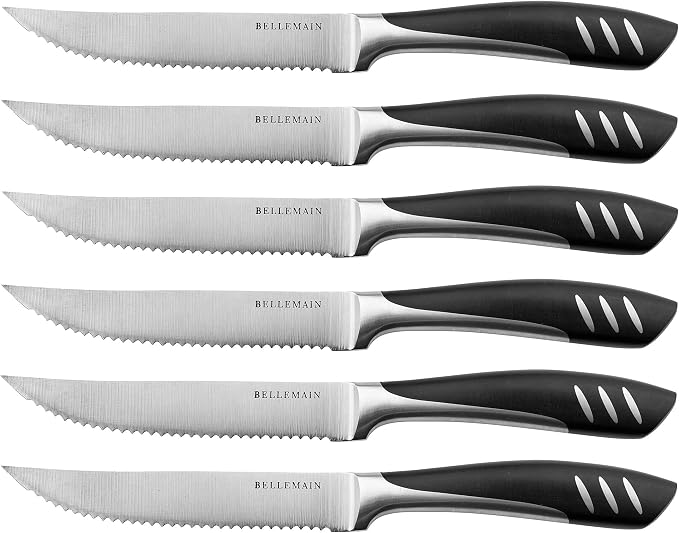Bellemain Steak Knife Set of 6, Serrated Stainless Steel, Dishwasher Safe | Ergonomic Handle Design, Rust-Resistant Blades, Precision Serrated Edges, Enhanced Dining Experience at Home & Restaurants