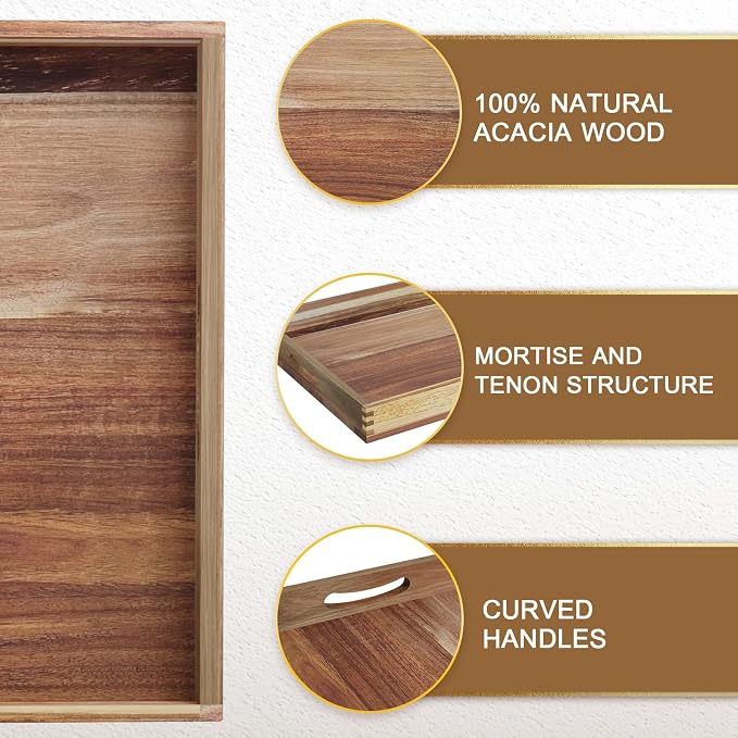 Extra Large Ottoman Tray, 22 x 18 inches Acacia Wood Serving Tray | Rectangle Wooden Decorative Tray with Handles, Oversized Coffee Table Tray, Serving Platter Tray for Living Room, Charcuterie