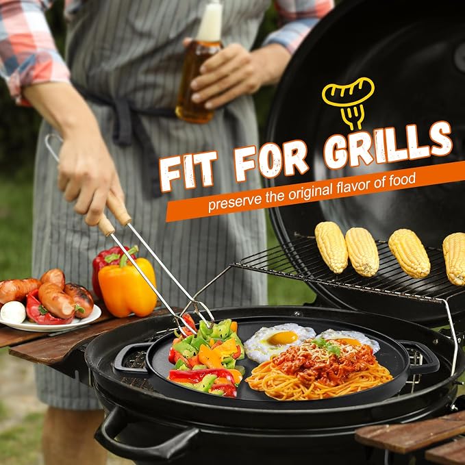 GGC Reversible Cast Iron Griddle for Stove Top, 14" Round Griddle Pan | Double Sided Griddle Plate Perfect for Gas Grills and Outdoor Cooking, Baking Flat and Ribbed Grill Griddle