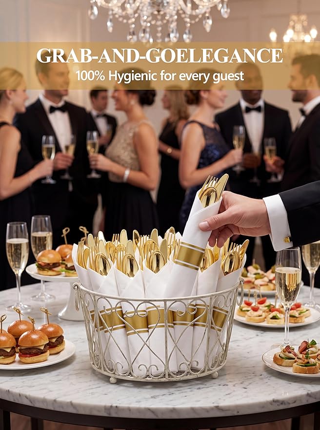 30 Pack Pre Rolled Gold Plastic Silverware, Linen Feel Napkins | Heavy Duty Disposable Wrapped Flatware Cutlery Set for Weddings, Graduation Parties, Upscale Catering & Events