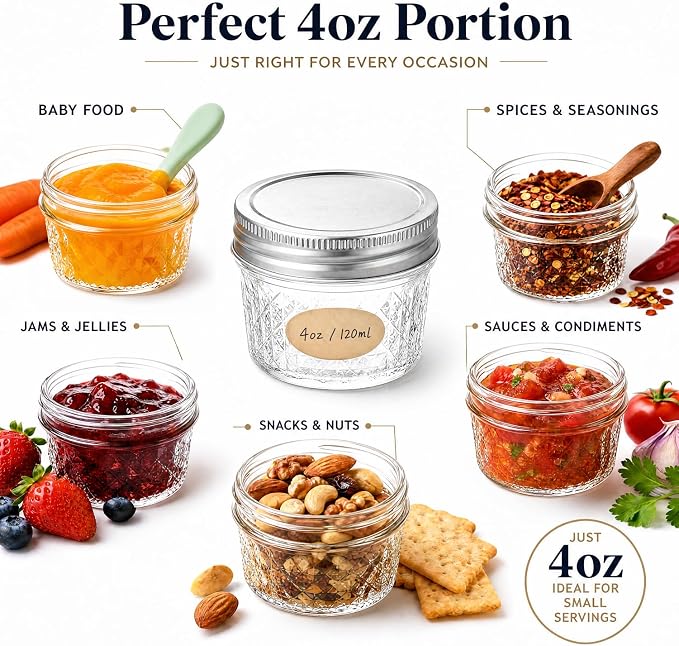 4 oz Glass Jars with Lids, 12 Pack Wide Mouth Small Mason Jars with Twine & Tags, Airtight Leakproof Mini Jam & Jelly Jars with Label Area for Baby Food, Spices, Pudding & Homemade Gifts