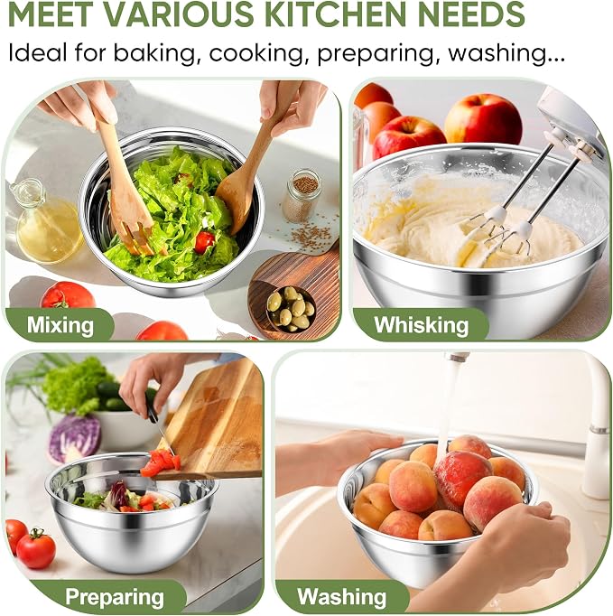 TeamFar Mixing Bowls, 3PCS Stainless Steel Serving Salad Bowls | with Lids & 3 Graters for Kitchen Mixing/Baking/Storing/Prepping, Visible & Airtight, Easy Clean - 4.5/3/1.5 QT, Khaki