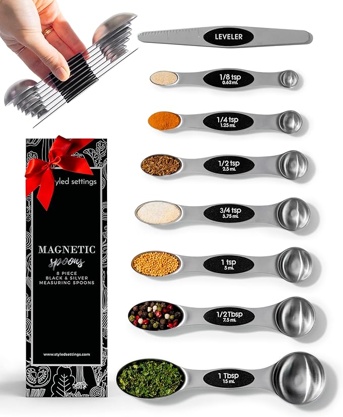 Styled Settings Stainless Steel Magnetic Measuring Spoons Set with Leveler | 8-Piece, Dual Sided, Stackable, BPA Free, Stainless Steel Measuring Spoons for Dry & Liquid Ingredient - Fits in Spice Jars