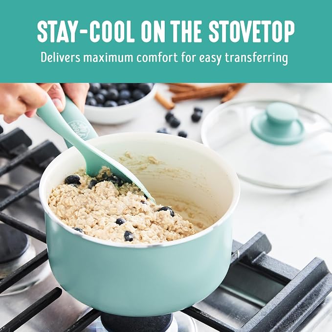 GreenLife 2.5QT Ceramic Nonstick Saucepan with Glass Lid, Turquoise | PFAS-Free Nonstick Coating, Multipurpose Cooking Pot, Milk Pan, Soup Pot, Stay-Cool Handle, Dishwasher & Oven Safe up to 350F
