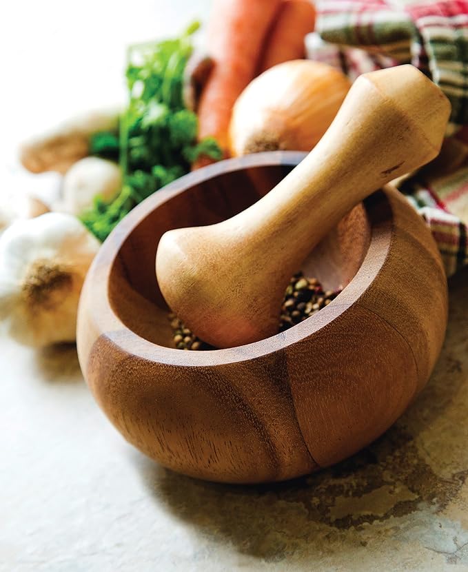 Ironwood Gourmet Olmec Mortar and Pestle, Acacia Wood | Easily Grind Spices & Herbs | Add Flavor To Your Meals | Beautiful Acacia Wood Pestle & Mortar | Cooking Mortar & Pestle Set