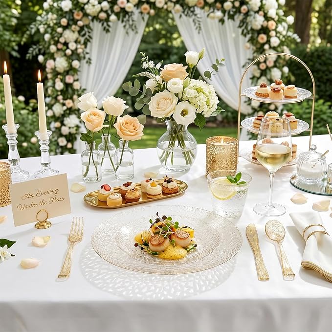 Rubtlamp 700Pcs Gold Glitter Plastic Dinnerware Set, Hammered Clear Plates, Fancy Plastic Plates Include 100 Dinner Platos, 100 Salad Platos, 100 Cups,100 Pack Pre Rolled Glitter plastic Silverware