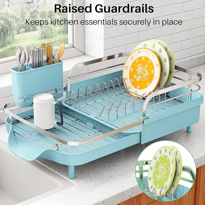 SAYZH Expandable Dish Drying Rack for Small Kitchen Counter, Blue | Stainless Steel, Protective Guardrail, Angled Drainboard, Fits High-Rim Sinks, Removable Utensil Holder