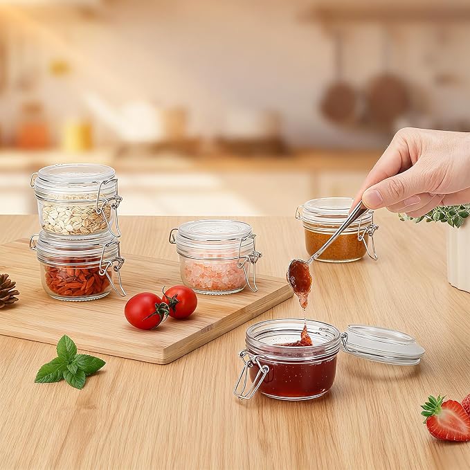 4oz Mini Airtight Glass Jars with Clamp Lid - Small Spice, Jam & Honey Jars for Kitchen Pantry Storage, Cute Clear Sauce Containers for Seasoning, Sugar, Salt, Wedding & Party Favors