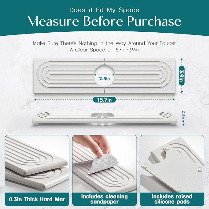 Kitchen Sink Faucet Mat - 15.7in Diatomite Sink Protectors for Kitchen Sink, Stone Sink Splash Guard for Kitchen Counter Sink Accessories (Light Grey, 15.7'' x 3.9'')