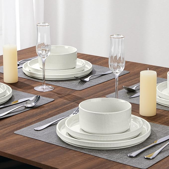 LIANYU 24 Piece Dinnerware Sets with Double Bowls, Ceramic Plates and Bowls Set for 4, Ribbed Stoneware Dishes for Home Kitchen, Microwave and Dishwasher Safe, Speckled White