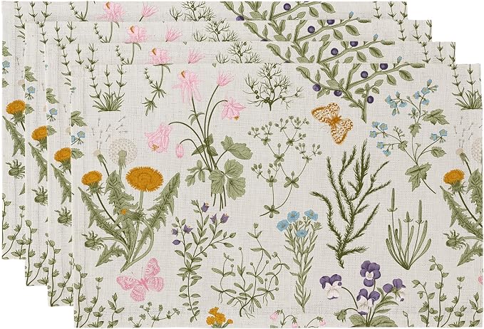 QIYI Boho Table Placemats Set of 4, 12"x18" Linen Place Mats, Wildflowers | Fabric Place Mats for Kitchen Dinning, Farmhouse Rustic Cloth Table Mats, Washable Placemat Party Table Décor