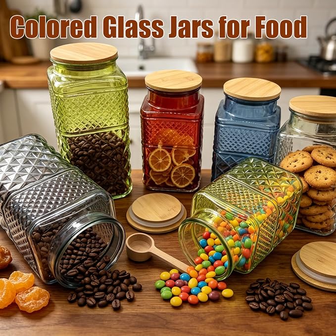 Viovian 60oz Square Glass Jar with Airtight Lid Blue Glass Storage Jars with Scoop,Vintage Glass Coffee Canister for Food Nuts
