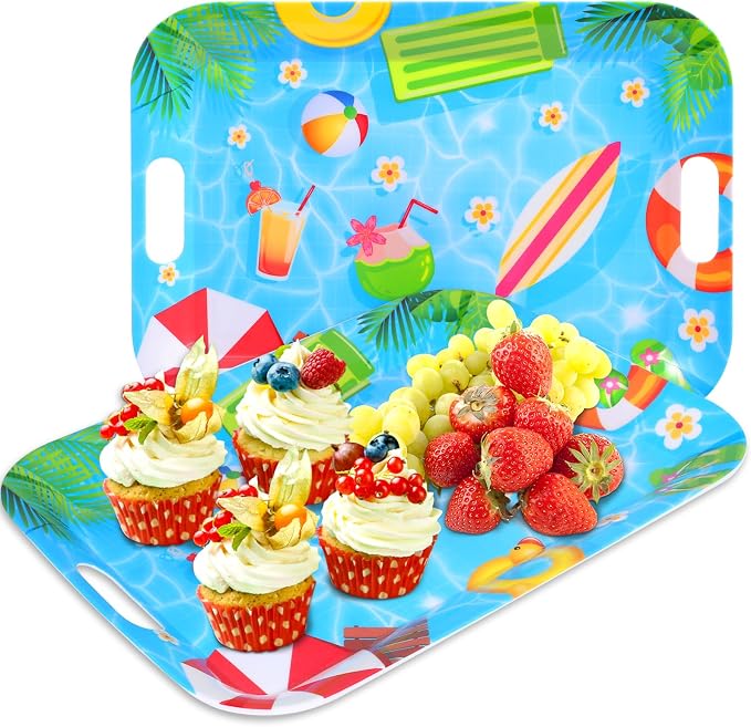2 Pcs Summer Pool Party Serving Trays with Handles Summer Beach Party Decorations 16 X 11inch Large Melamine Serving Platters for Birthday Baby Shower Hawaiian Tropical Pool Theme Parties Supplies